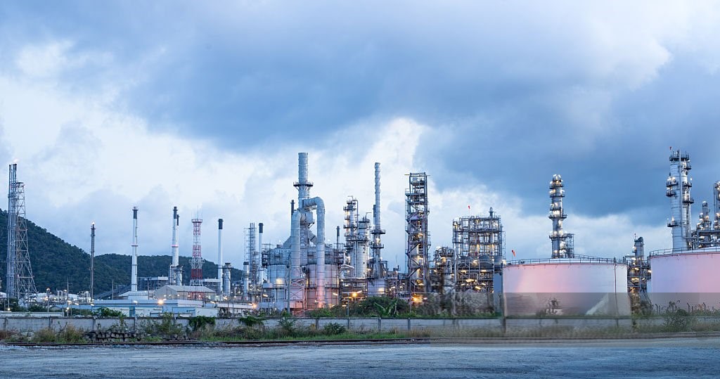 Full Refinery Plant aerial view at dusk